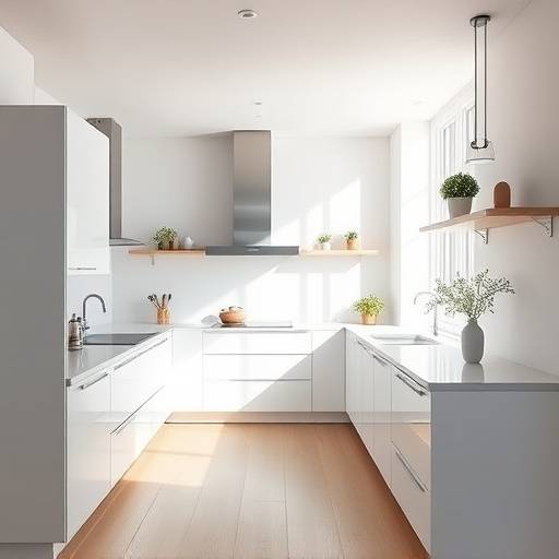 A bright, minimalist kitchen with ample counter space and natural light, designed by Serene Kitchens