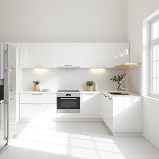 A bright, minimalist kitchen with soft lighting and minimal clutter. The scene evokes peace and simplicity.