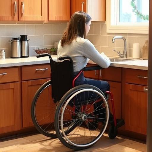 A person in a wheelchair comfortably using a lowered kitchen countertop and accessible sink