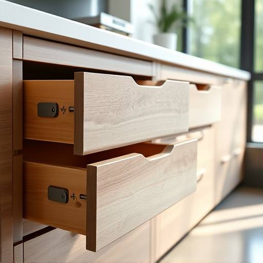 Close-up of ergonomic kitchen drawers with soft-close mechanisms, demonstrating accessibility features