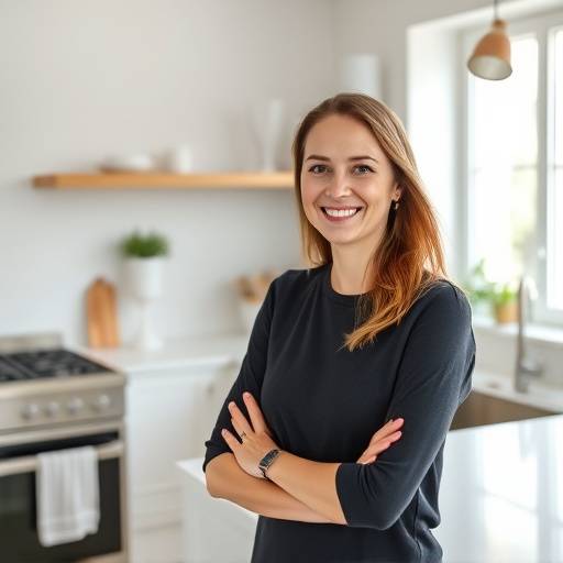 Elena Ivanova, the founder of Serene Kitchens, smiling warmly in a minimalist kitchen.